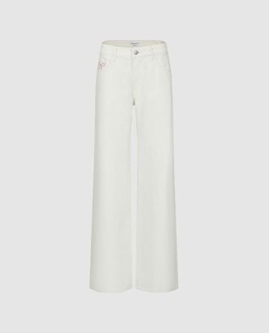  URBAN REVIVO - Quần jeans nữ ống rộng phối họa tiết 
