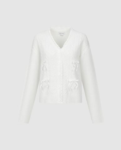  URBAN REVIVO - Áo khoác cardigan nữ viền ren phối nơ 