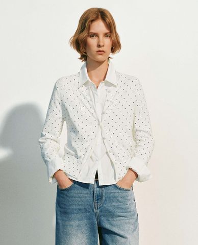  URBAN REVIVO - Áo khoác cardigan nữ cổ tròn họa tiết chấm bi 