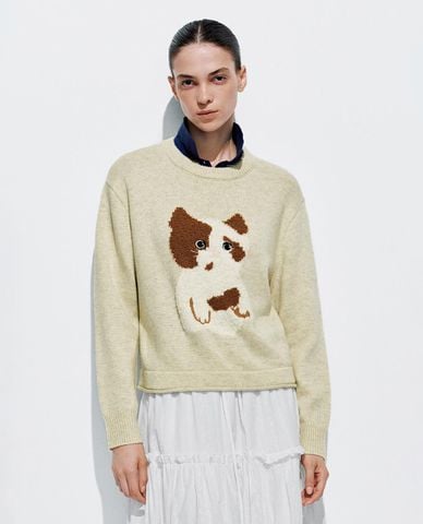  URBAN REVIVO - Áo dệt kim nữ cổ tròn tay dài phối hoạ tiết 