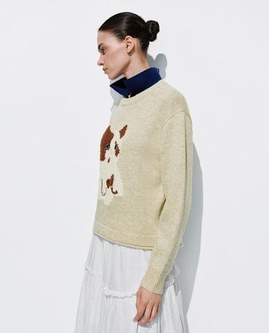  URBAN REVIVO - Áo dệt kim nữ cổ tròn tay dài phối hoạ tiết 