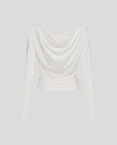  URBAN REVIVO - Áo kiểu nữ cổ đổ tay dài xếp nếp 