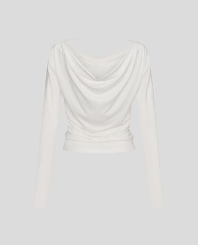  URBAN REVIVO - Áo kiểu nữ cổ đổ tay dài xếp nếp 