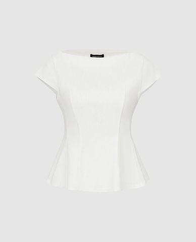  URBAN REVIVO - Áo kiểu nữ cổ thuyền tay ngắn chiết eo 