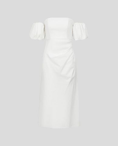  URBAN REVIVO - Đầm trễ vai midi phom ôm tay phồng 