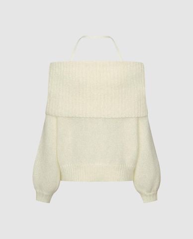  URBAN REVIVO - Áo trễ vai nữ dệt kim tay dài phối dây cổ 