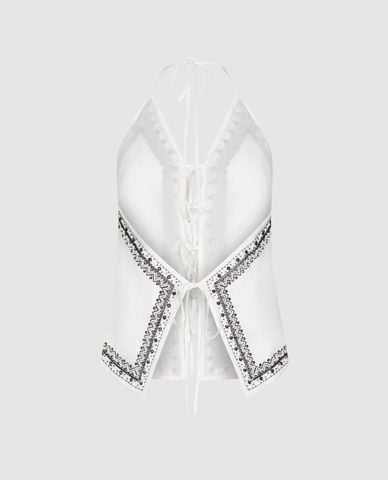  URBAN REVIVO - Áo kiểu nữ cổ yếm thêu họa tiết 