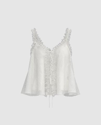  URBAN REVIVO - Áo hai dây nữ cổ V phối bèo 