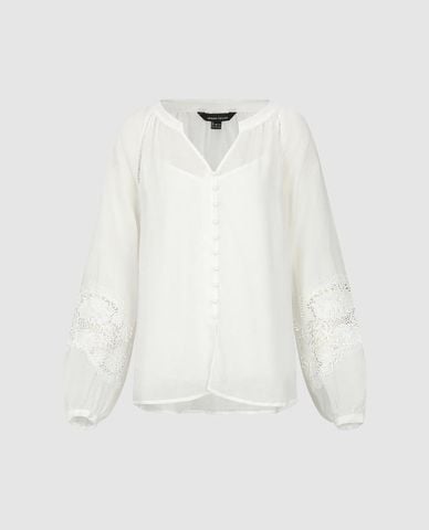  URBAN REVIVO - Áo kiểu nữ cổ V tay dài phối ren 