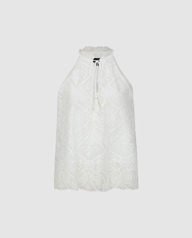  URBAN REVIVO - Áo kiểu nữ cổ yếm rút dây phối bèo 