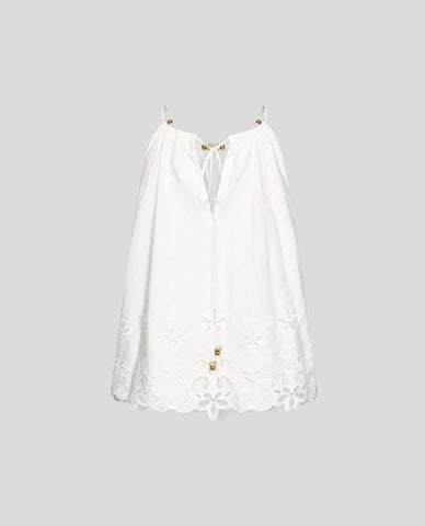  URBAN REVIVO - Áo hai dây nữ cổ V phối ren đục lỗ 