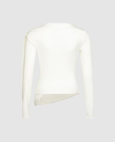 URBAN REVIVO - Áo kiểu nữ cổ thuyền tay dài bất đối xứng 