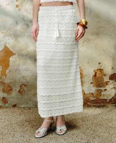  URBAN REVIVO - Chân váy phom suông midi phối ren 