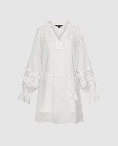  URBAN REVIVO - Đầm midi cổ V tay dài dây rút phối ren 
