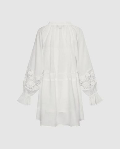  URBAN REVIVO - Đầm midi cổ V tay dài dây rút phối ren 