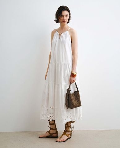  URBAN REVIVO - Đầm sát nách midi xếp tầng viền ren 