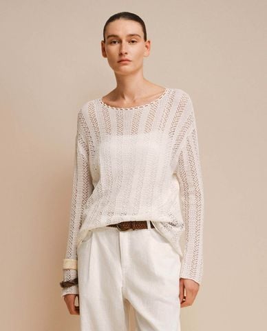 URBAN REVIVO - Áo dệt kim nữ cổ tròn tay dài phối ren 