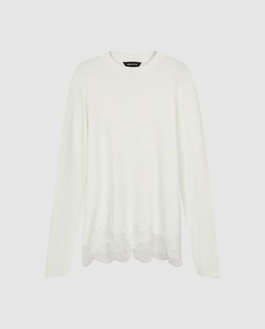  URBAN REVIVO - Áo kiểu nữ cổ tròn tay dài phối ren 