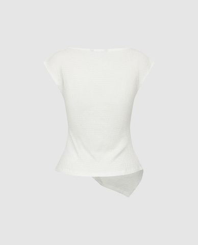  URBAN REVIVO - Áo kiểu nữ cổ thuyền xoắn eo lệch tà 