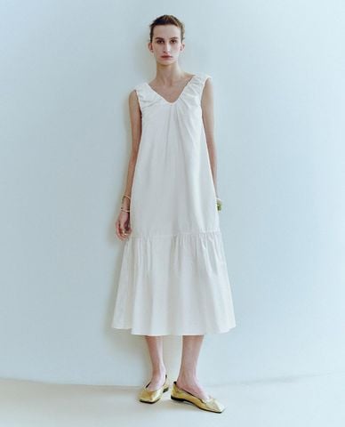  URBAN REVIVO - Đầm xếp tầng midi nhún bèo 