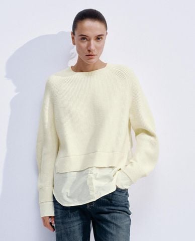  URBAN REVIVO - Áo dệt kim nữ cổ tròn tay dài phối sơ mi 