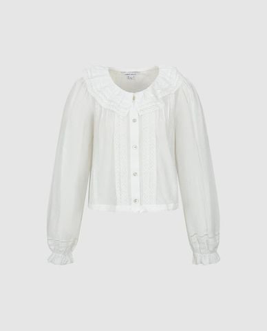  URBAN REVIVO - Áo kiểu nữ cổ tròn tay dài phối bèo 