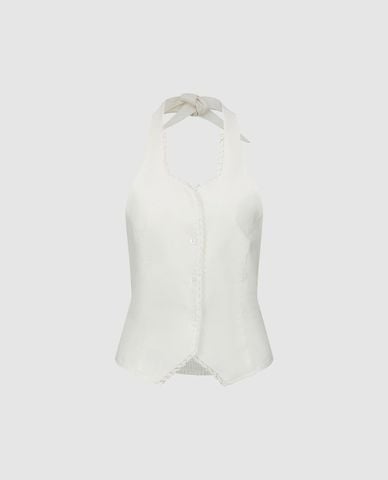  URBAN REVIVO - Áo kiểu nữ cổ yếm thắt nơ phối ren 