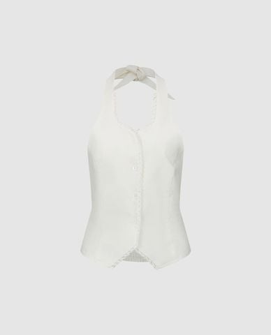  URBAN REVIVO - Áo kiểu nữ cổ yếm thắt nơ phối ren 