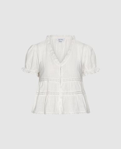  URBAN REVIVO - Áo kiểu nữ cổ V tay phồng phối ren 