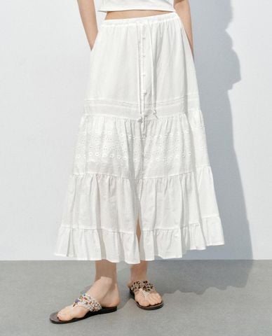  URBAN REVIVO - Chân váy chữ A midi xếp tầng phối dây rút 