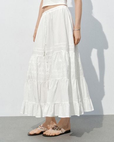  URBAN REVIVO - Chân váy chữ A midi xếp tầng phối dây rút 