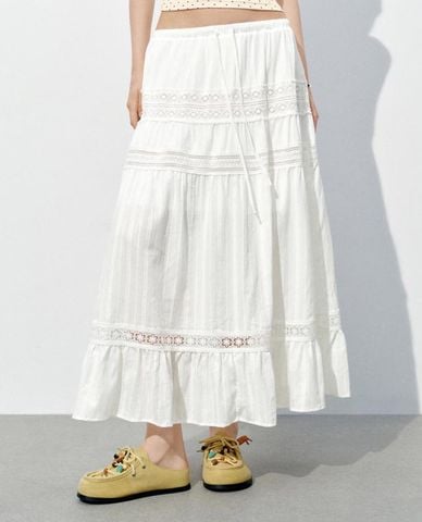  URBAN REVIVO - Chân váy chữ A midi xếp tầng lưng thun 