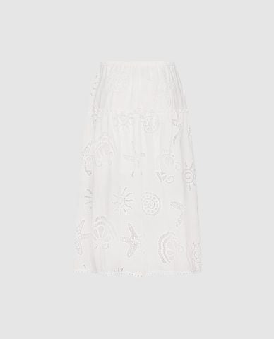  URBAN REVIVO - Chân váy phom suông midi phối ren 