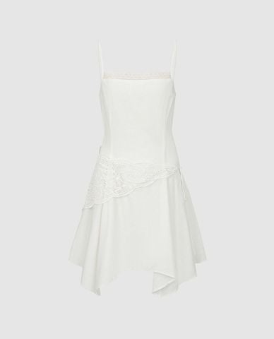  URBAN REVIVO - Đầm hai dây mini phối ren bất đối xứng 