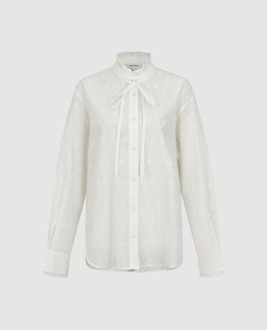  URBAN REVIVO - Áo sơ mi nữ cổ cao phối viền ren 