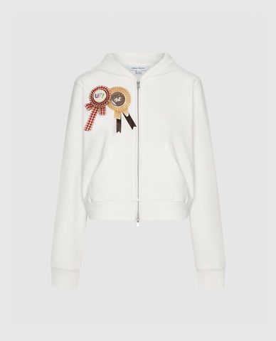  URBAN REVIVO - Áo khoác phối mũ nữ khoá zip phối huy hiệu 