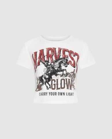  URBAN REVIVO - Áo croptop nữ cổ tròn tay ngắn in họa tiết 