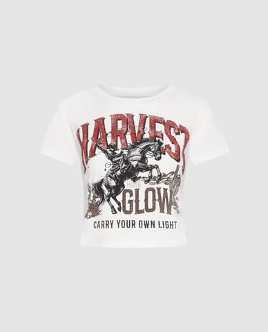  URBAN REVIVO - Áo croptop nữ cổ tròn tay ngắn in họa tiết 