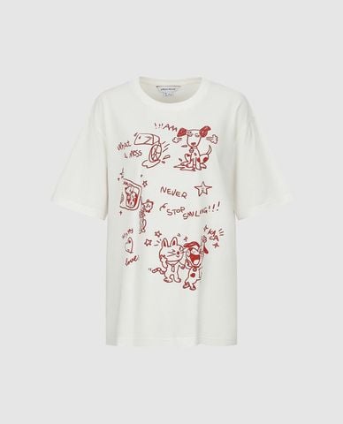  URBAN REVIVO - Áo thun nữ cổ tròn tay ngắn họa tiết hoạt hình 