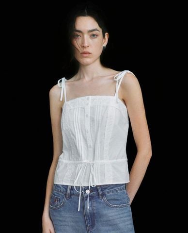  URBAN REVIVO - Áo hai dây nữ viền ren thắt nơ 