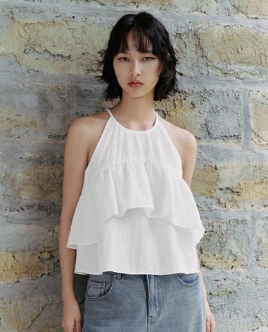  URBAN REVIVO - Áo kiểu nữ cổ yếm phối bèo xếp tầng 