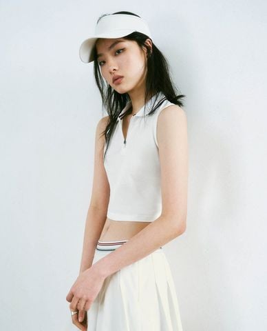  URBAN REVIVO - Áo sát nách nữ cổ bẻ phối zip 