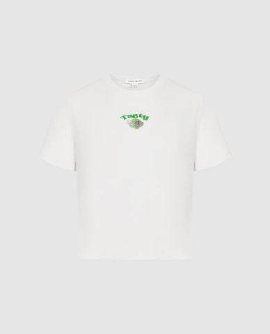  URBAN REVIVO - Áo croptop nữ cổ tròn tay ngắn in họa tiết 