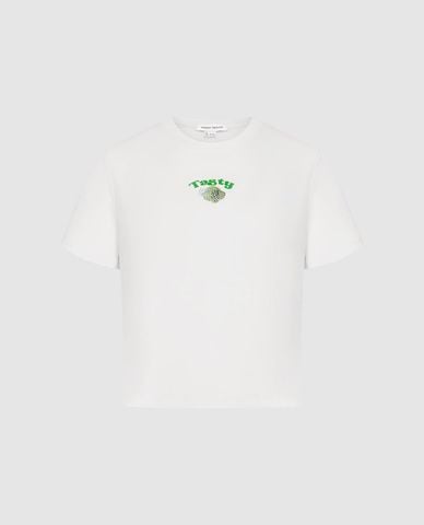  URBAN REVIVO - Áo croptop nữ cổ tròn tay ngắn in họa tiết 