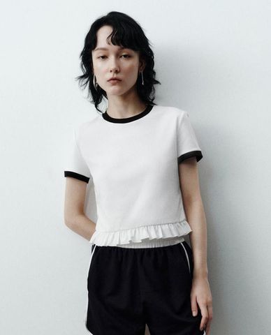 URBAN REVIVO - Áo croptop nữ cổ tròn tay ngắn phối viền 