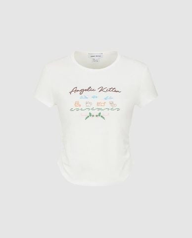  URBAN REVIVO - Áo croptop nữ cổ tròn tay ngắn nhún eo 
