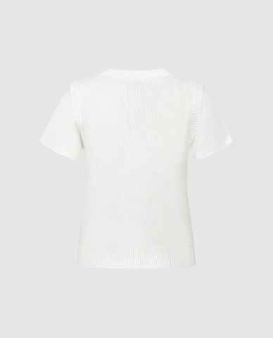  URBAN REVIVO - Áo dệt kim nữ cổ tròn tay ngắn phối họa tiết 