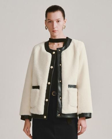  URBAN REVIVO - Áo khoác lông nữ cổ tròn tay dài phối viền 