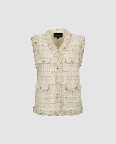  URBAN REVIVO - Áo khoác tweed nữ sát nách phối tua rua 