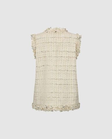  URBAN REVIVO - Áo khoác tweed nữ sát nách phối tua rua 